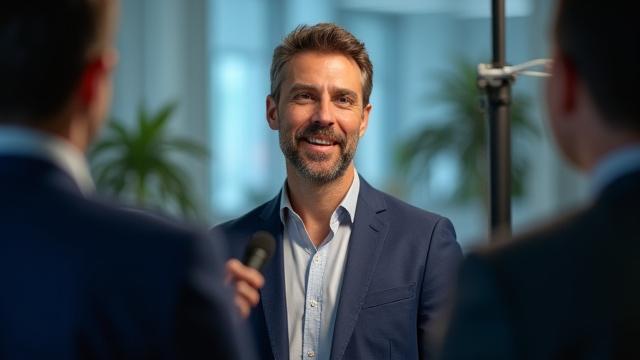 Person wird bei einem Interview in einem modernen Studio mit natürlicher Beleuchtung gefilmt